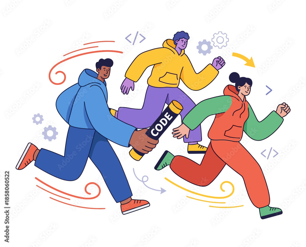 Fototapeta premium Programmers Collaborating on Code, Running with Code Files, Tech Scene, Vector Illustration, Flat Design