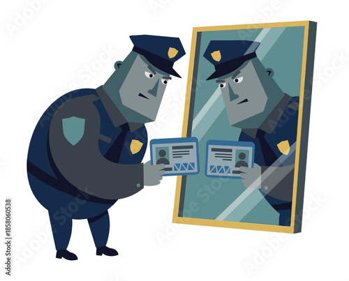 Police officer examining ID cards in front of a mirror, vector illustration, flat design, exaggerated proportions, and trendy corporate style