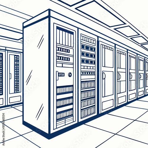 Blue and White Line Drawing of Server Racks in Data Center