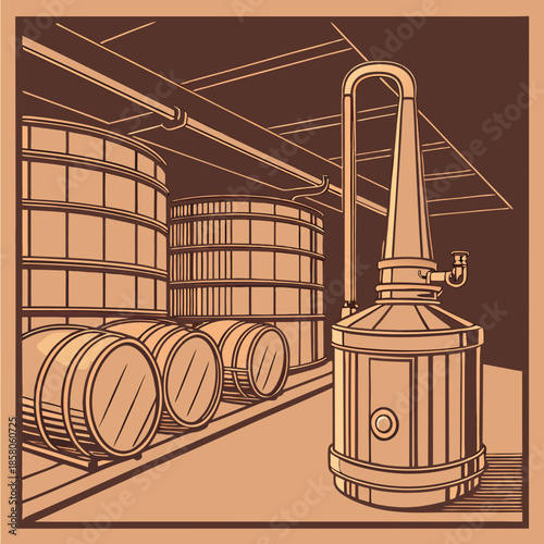 Brown and Beige Tones Distillery Illustration with Barrels and Still