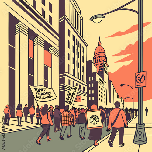 City Protest Demonstration: Crowd Marching on Street at Sunset