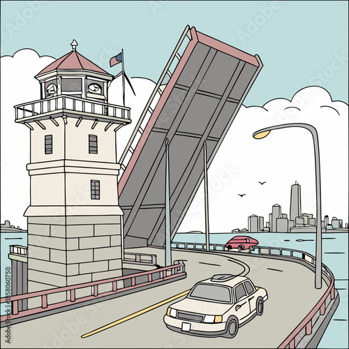 Cityscape with Raised Drawbridge and Taxi