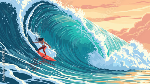 Female surfer riding giant blue ocean wave at sunset, summer water sport, beach holiday, cad drawing flat vector illustration