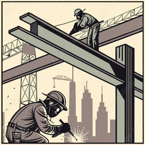 Construction Workers Welding Steel Beams on a Highrise Building