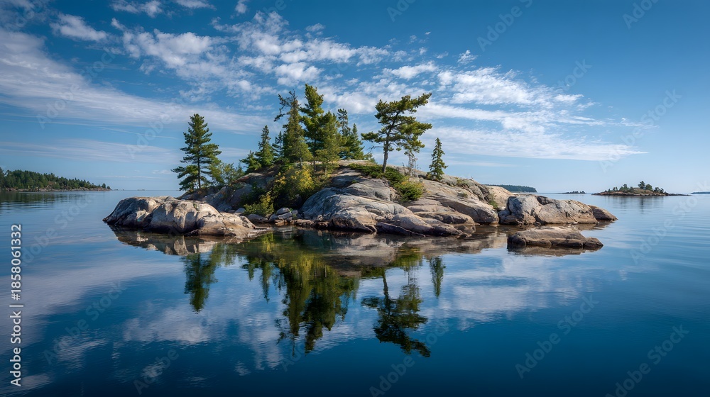 Obraz premium Serene Island Oasis with Reflecting Waters and Dramatic Sky.