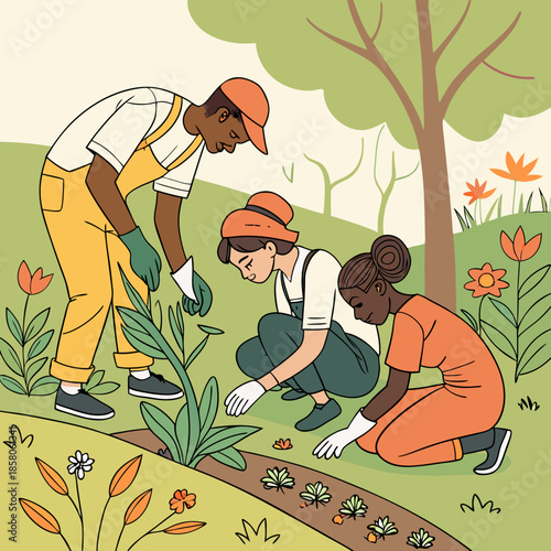 Diverse Group Gardening Together in a Sunny Park