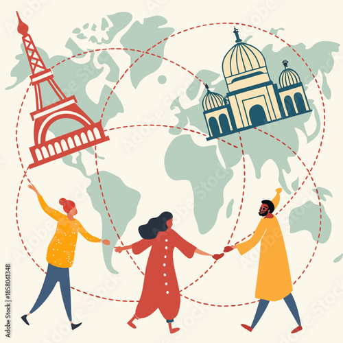 Diverse Friends Holding Hands Around World Map Illustration