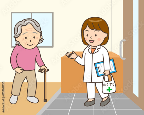 在宅医療で自宅を訪ねる女性薬剤師と玄関で対応するおばあさん