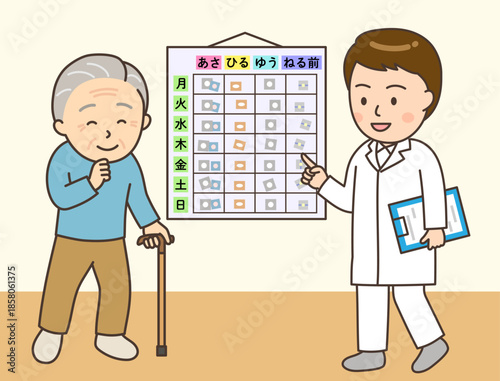 在宅医療でお薬カレンダーを設置する男性薬剤師とおじいさん