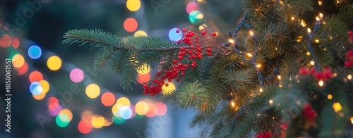 Christmas Pine Branch With Red Berries And Colorful Holiday Lights Bokeh
