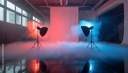 Neon Photography Studio With Softbox Lights And Foggy Backdrop