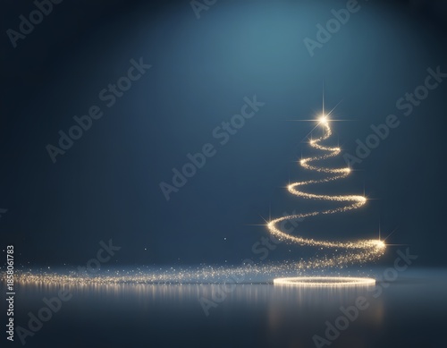 Glowing Golden Light Christmas Tree on Dark Blue Background