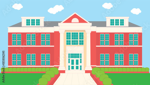 Flat vector illustration of a classic academic building with red exterior, white columns, and a garden pathway leading to the entrance. Ideal for education and campus life designs