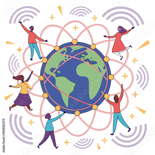 Global Community Connection: Colorful Illustration of Diverse People Dancing Around the Earth