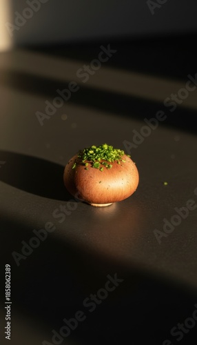 Close up of a single small brown mushroom with green chives on top resting on a dark gray surface with dramatic window light casting shadows