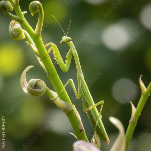 Vibrant Green Praying Mantis Perched on a Lush Plant Stem with Soft Bokeh Background in Natural Sunlight