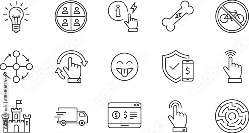 Minimalist black and white line icon set featuring business strategy symbols, technology interface gestures, secure mobile payment, logistics delivery truck, and creative idea lightbulb concepts.