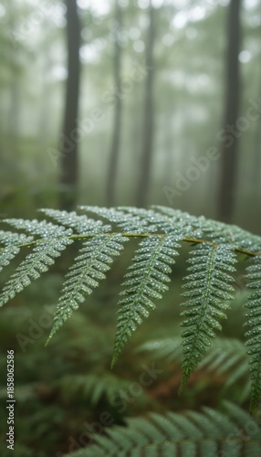 Close up of a dew covered fern frond in a misty green forest with tall trees blurred in the background soft diffused lighting