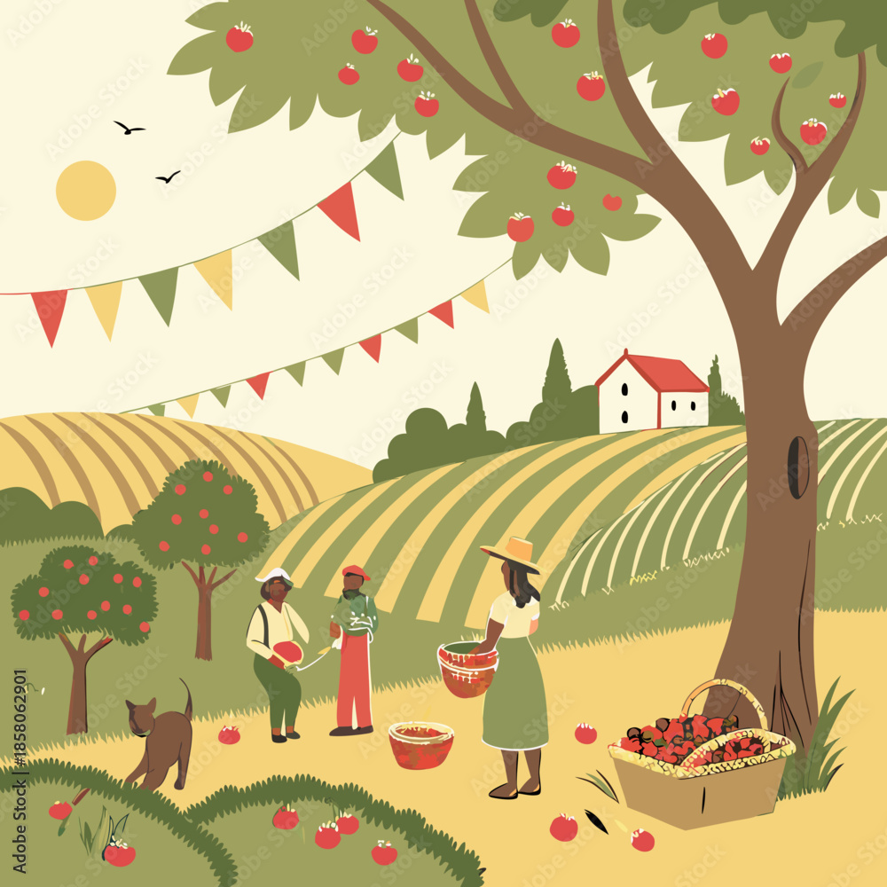 Fototapeta premium Happy Family Apple Picking in Rustic Autumn Countryside