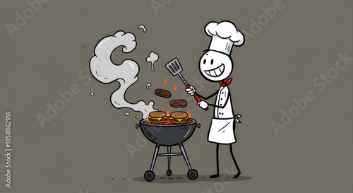 Happy stick figure chef grilling burgers on a barbecue with smoke