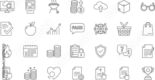 Minimalist black line icon set featuring business growth charts household cleaning supplies cyber security protection medical healthcare symbols financial coins and digital technology elements.