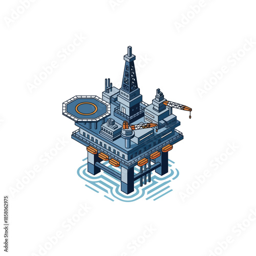 Isometric Oil Rig Platform Offshore Drilling.