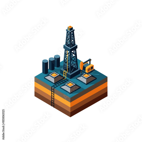 Isometric Oil Rig Structure with Storage Tanks.