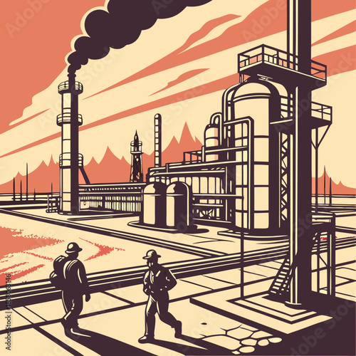 Industrial Workers Walking Past Factory at Sunset