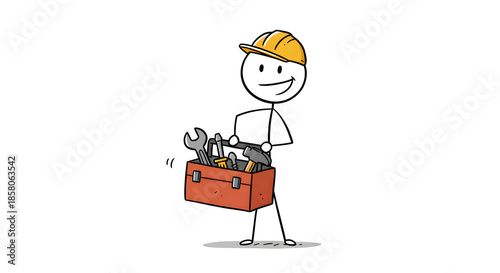 Smiling stick figure worker in hard hat carrying a red toolbox with tools. Hand-drawn illustration for repair, service, and maintenance concepts.