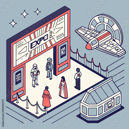 Isometric Illustration of a Futuristic Expo with Spaceship and Characters