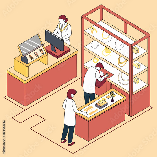 Isometric Illustration of a Jewelry Store Interior with Workers and Customers