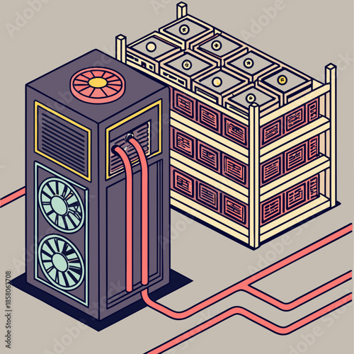 Isometric Illustration of a Server Room with Battery Storage and Cooling System