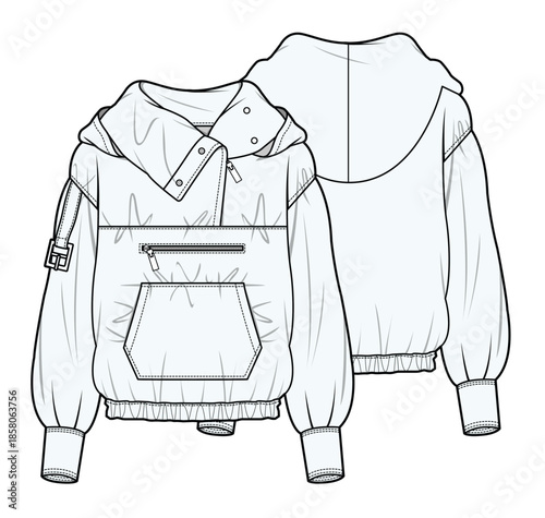 Women's windbreakers flat sketch vector mockup template technical illustration.