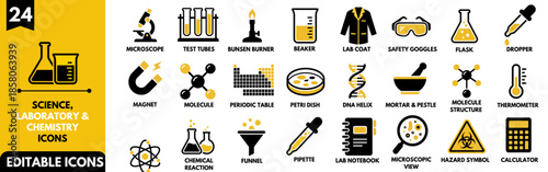 Set of 24 Science and Laboratory Chemistry Icons. Vector Illustrations for Research, Education, Biology, Physics, and Experiment Equipment.