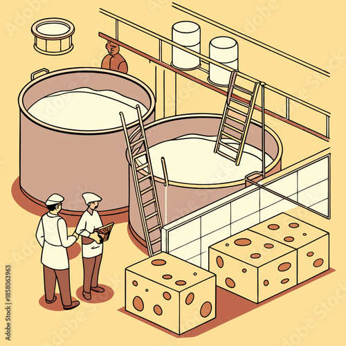 Isometric Illustration of Cheesemaking Factory Workers Inspecting Cheese Vats
