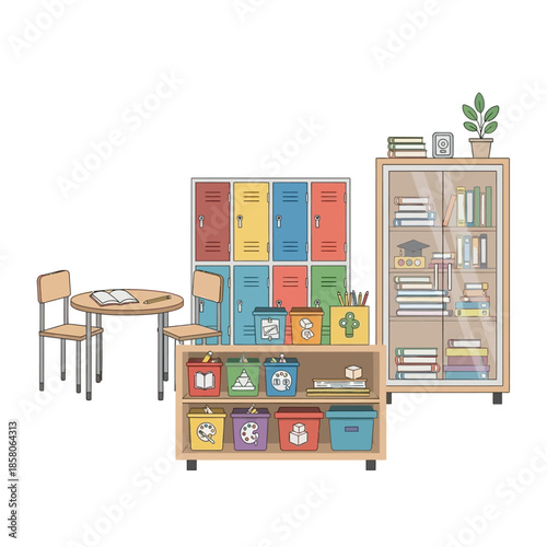 Classroom furniture and storage solutions for learning environments.