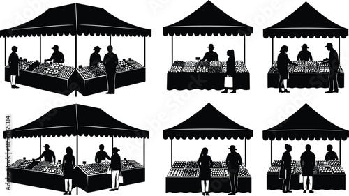 Market stall silhouette, vendor and customer interaction, local produce scene, black and white vector, agriculture commerce illustration, street market concept