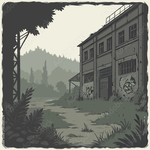 Overgrown Abandoned Factory in Foggy Forest