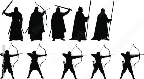 Medieval warrior silhouettes set, ancient soldier figures with swords, spears, and archers drawing bows, historical army vector illustration for fantasy battle game design (24 words)