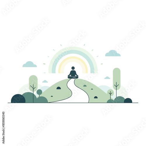 Person meditating peacefully on a hilltop under a rainbow.