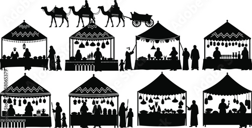Middle Eastern bazaar marketplace silhouette, ancient desert trade caravan with camels, traditional market stalls, Arabian village fair, merchants selling pottery and food, vector