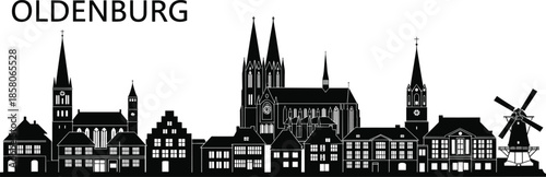 Oldenburg Germany city skyline silhouette vector, black and white landmark architecture illustration, historic buildings, cathedral, church, windmill, urban cityscape travel poster, isolated