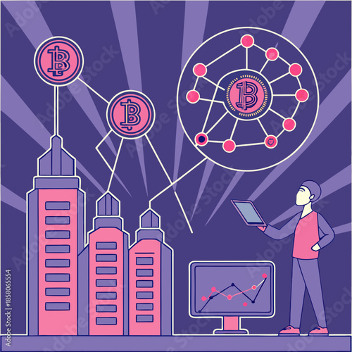 Person Analyzing Bitcoin Cryptocurrency Network Growth Chart on Computer Screen in Cityscape