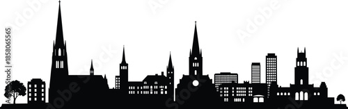 Oldenburg Germany city skyline silhouette vector, historic architectural landmarks including Lamberti church, palace, windmill, urban cityscape travel poster design, black and white, isolated