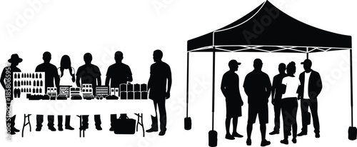 Outdoor market stall silhouettes, street food festival vendors, people shopping at fair, canopy tent and exhibition tables, local community event, vector illustration.