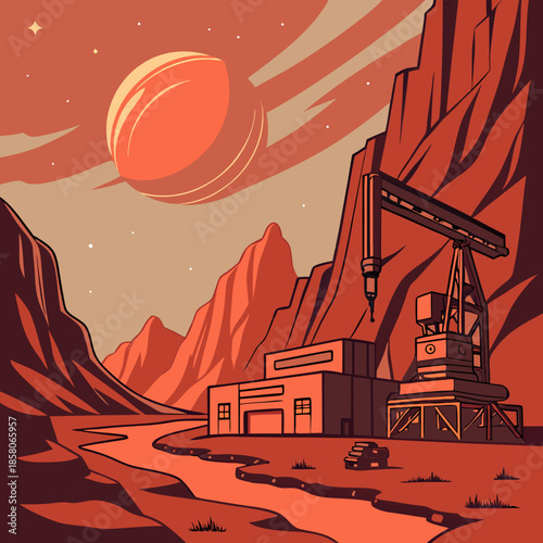 Red Planet Desert Landscape with Industrial Factory