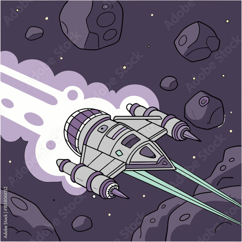 Retro Spaceship Flying Through Purple Galaxy