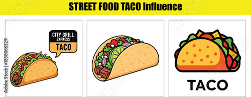 Three tacos with different fillings and text labels Keywords: taco, street food, mexican, food