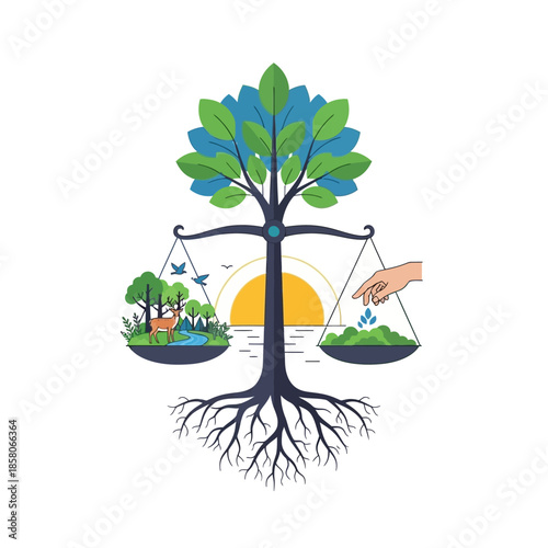 Tree of life balancing nature and human impact on scales.