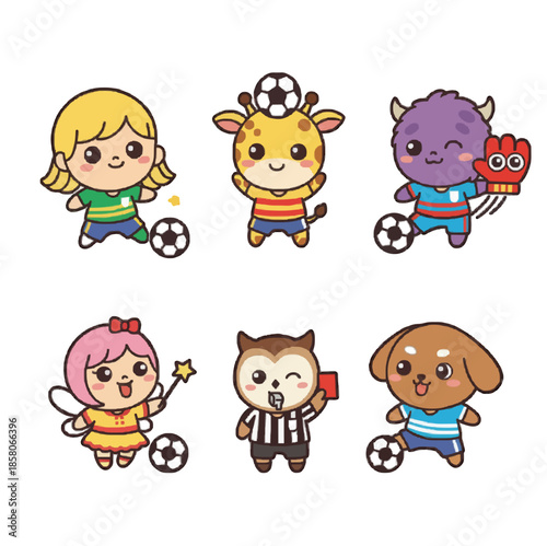Cute Cartoon Soccer Characters Set with Kids Animals Monster and Owl Referee for Sports Design